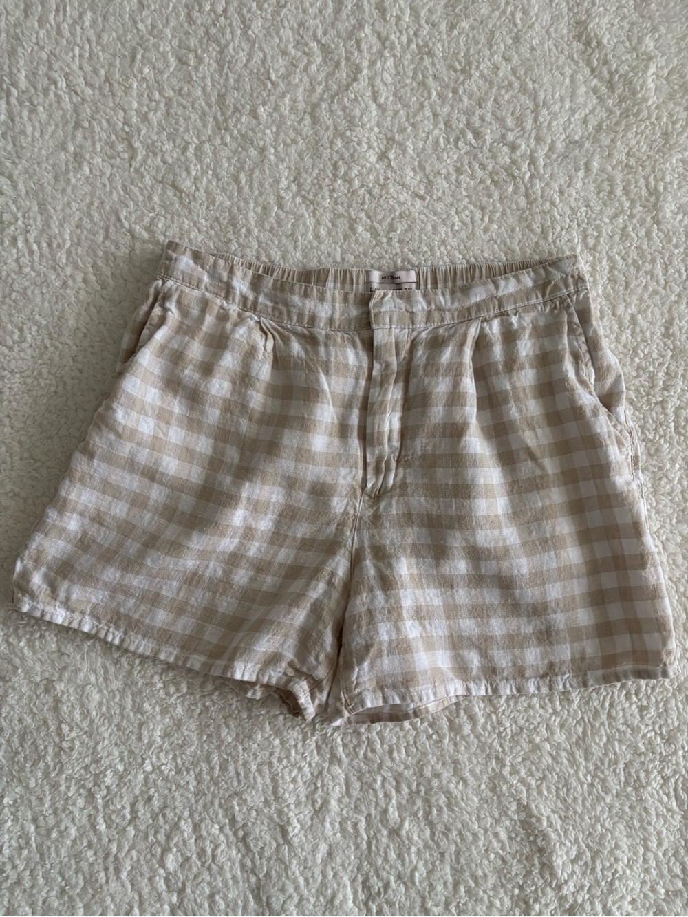 Laura Ashley Linen Gingham Check Shorts Beige White High Rise Relaxed M